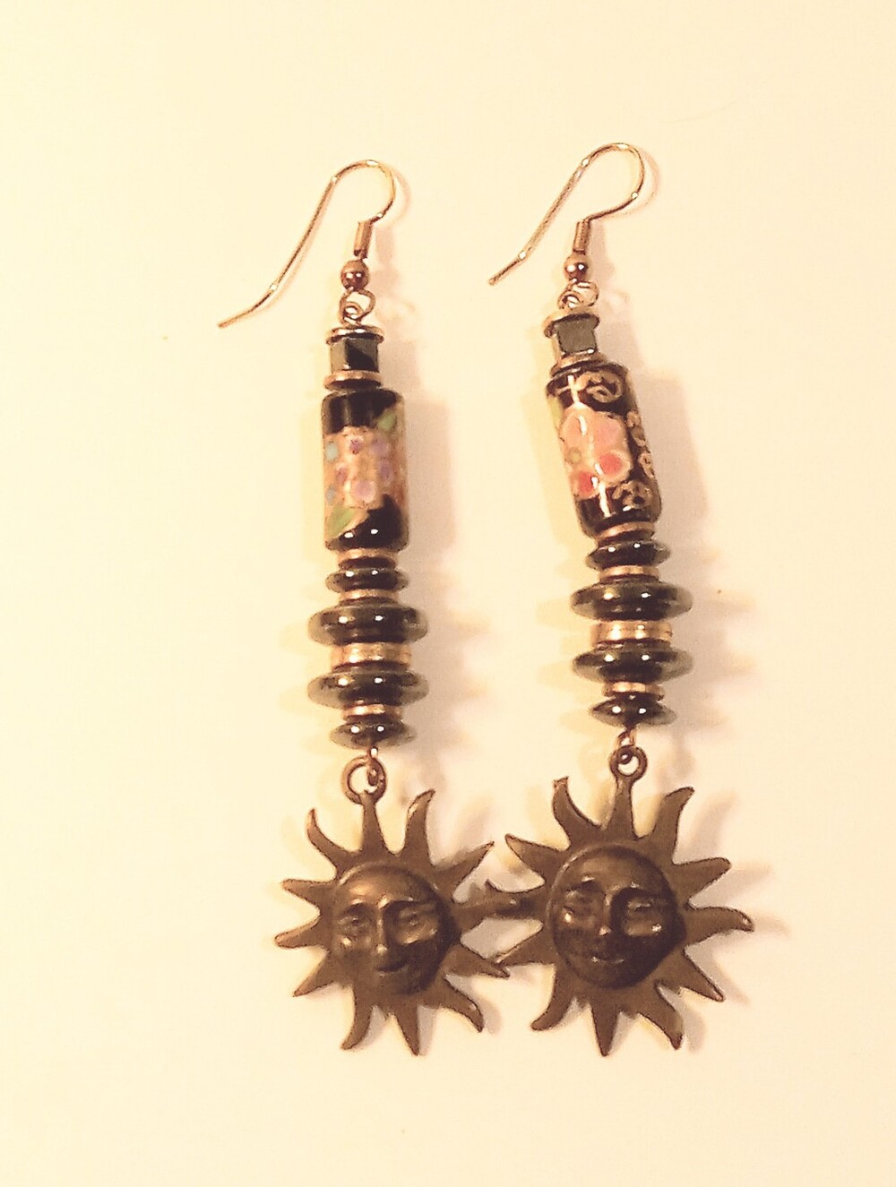 Boho Artisan Smiling Sun Dangle Earrings Glass Beads & Hematite Beads, Celestial